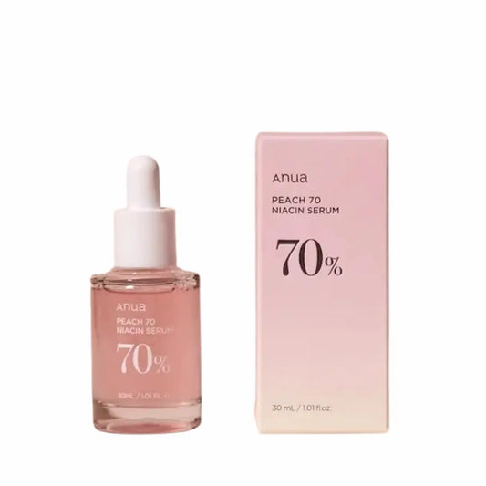 ANUA Peach 70% Niacinamide Serum with packaging box – cruelty-free Korean skincare