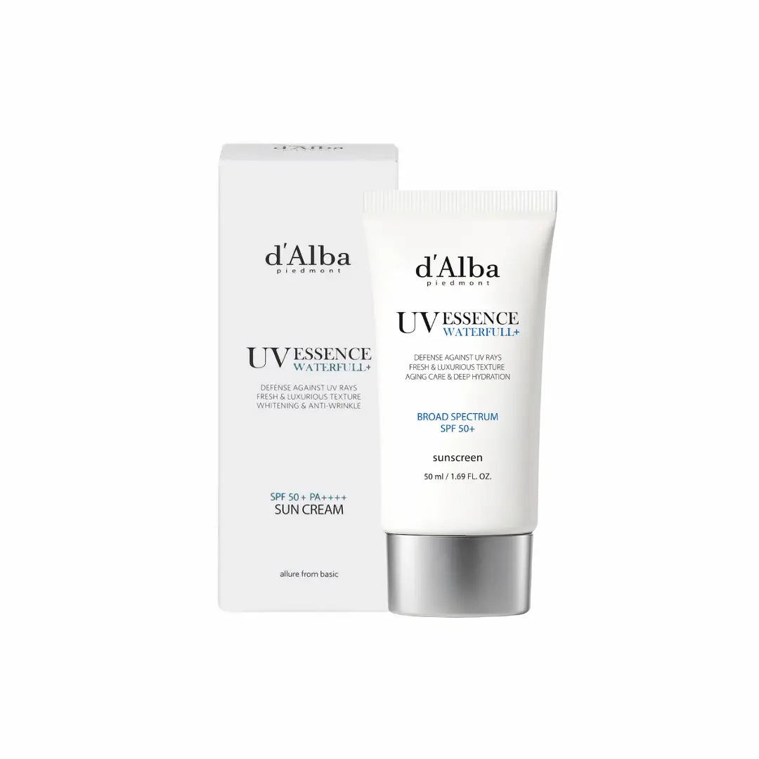 d’Alba White Truffle Waterfull Essence Sunscreen SPF 50+ package label showing full ingredient list and usage instructions