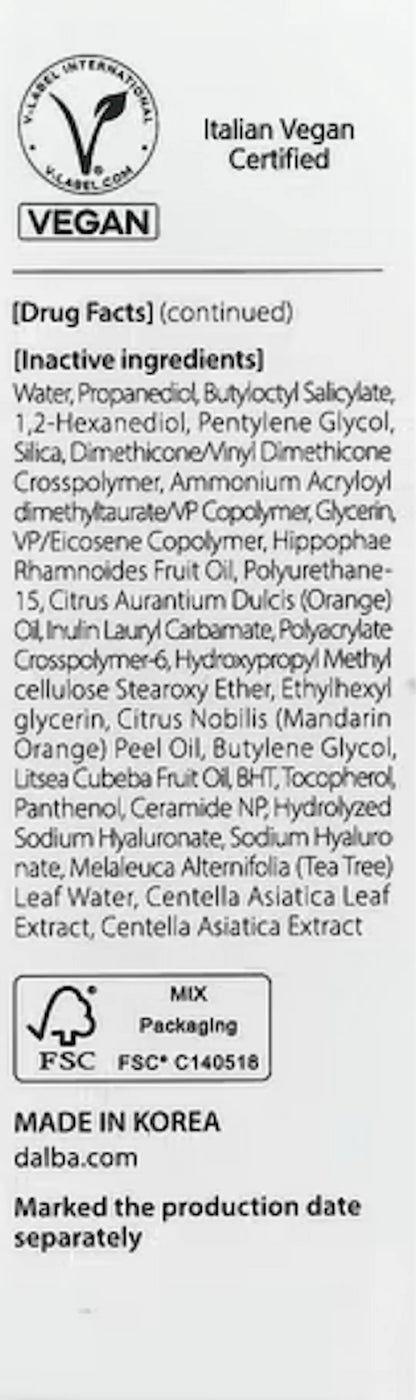 d’Alba White Truffle Waterfull Essence Sunscreen SPF 50+ package label showing full ingredient list and usage instructions on the back