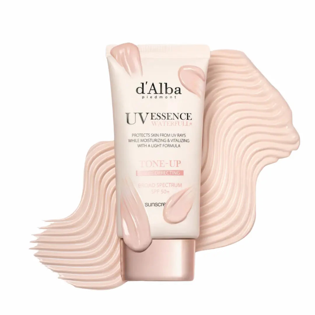 d’Alba White Truffle Waterfull Tone-Up Sunscreen SPF50+ showing radiant, natural glass skin finish