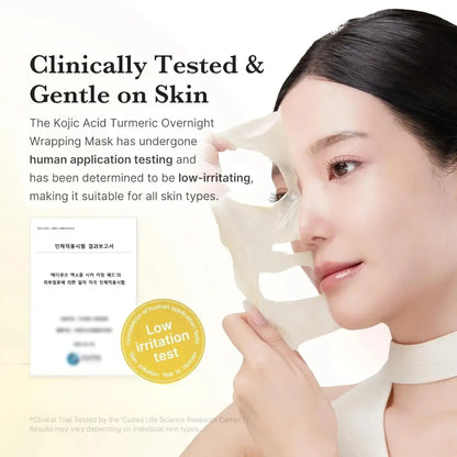 Model wearing Medicube Kojic Acid Turmeric Night Wrapping Mask | glow and firmness